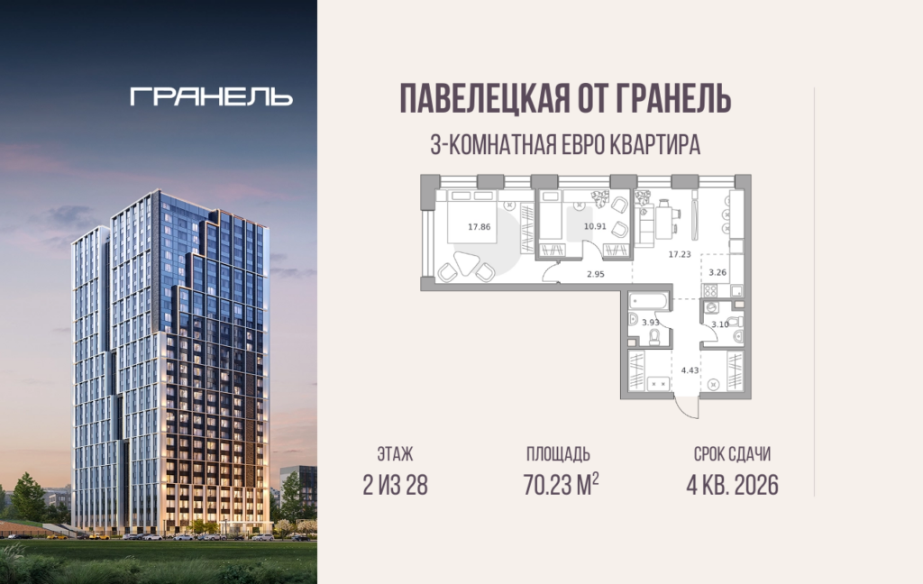 3-комнатные апартаменты 70 м2, 2-й этаж