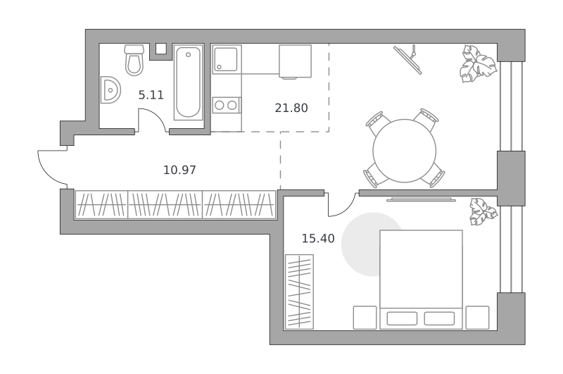 1-комнатные апартаменты 53 м2, 6-й этаж