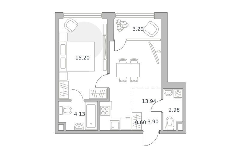 1-комнатные апартаменты 44 м2, 27-й этаж