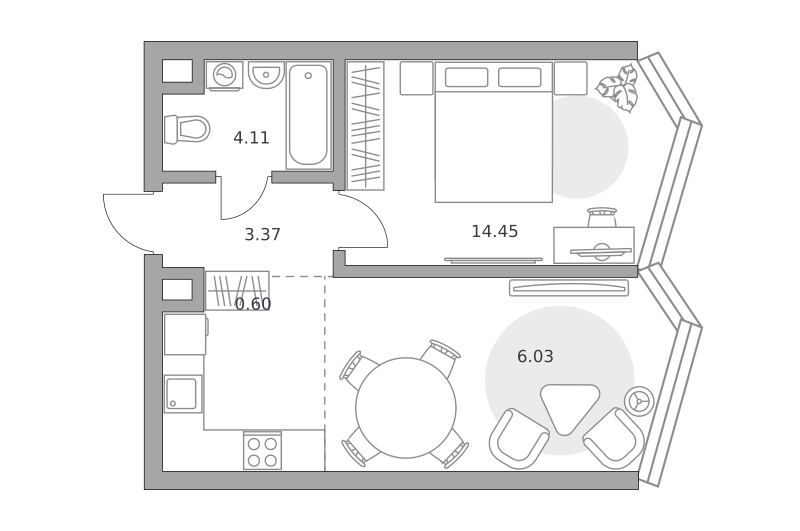 1-комнатные апартаменты 42 м2, 14-й этаж