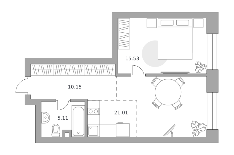 1-комнатные апартаменты 51 м2, 12-й этаж