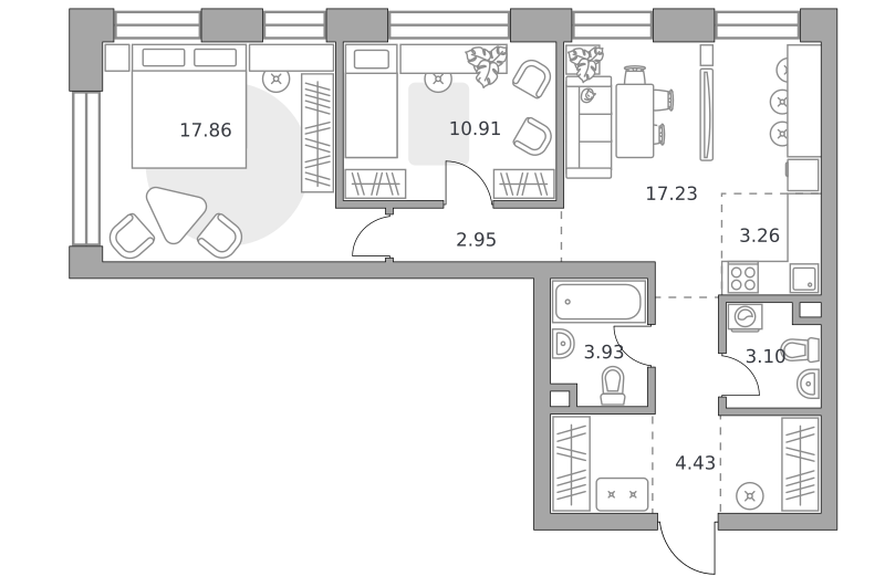 3-комнатные апартаменты 70 м2, 2-й этаж