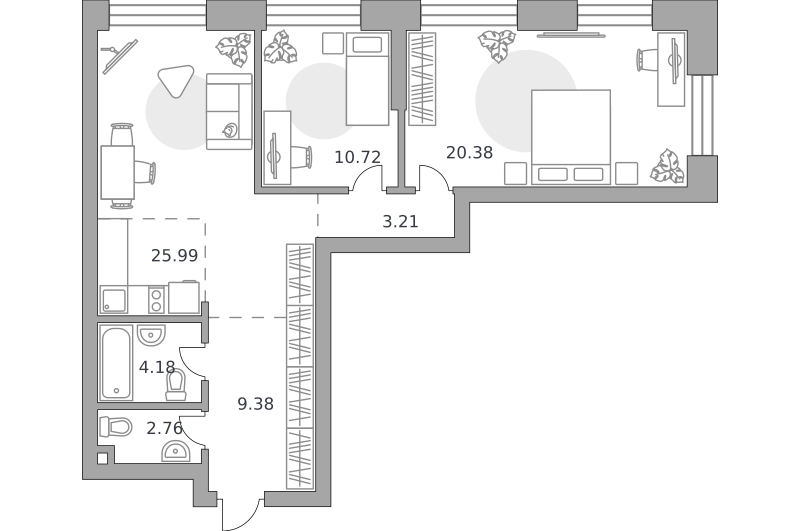2-комнатные апартаменты 76 м2, 15-й этаж