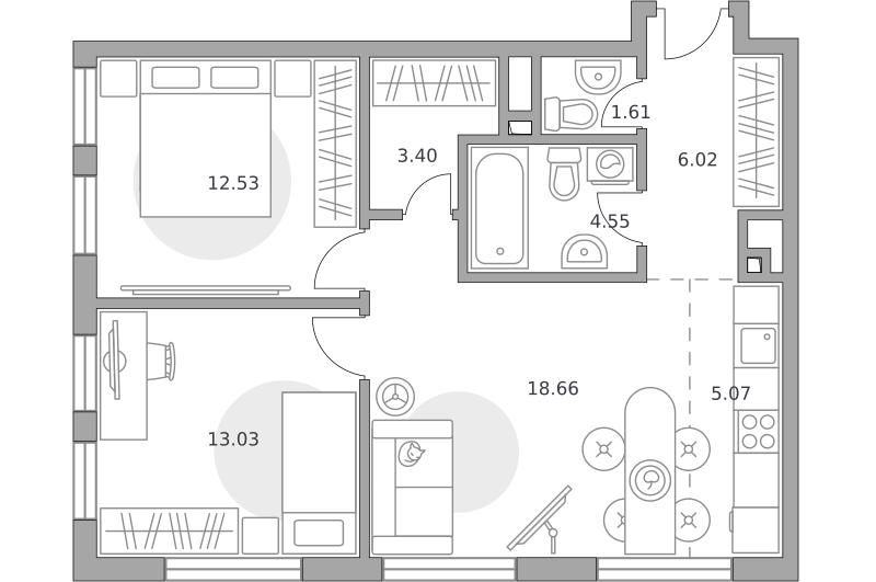3-комнатные апартаменты 64 м2, 18-й этаж