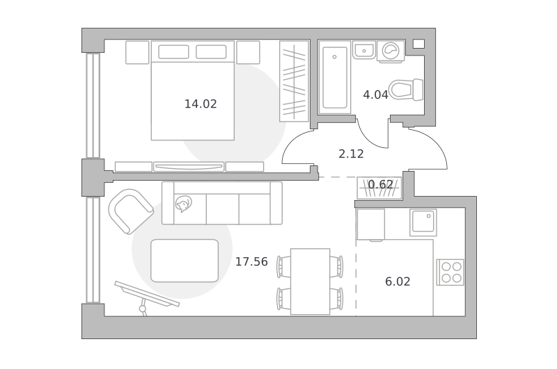 1-комнатные апартаменты 44 м2, 9-й этаж