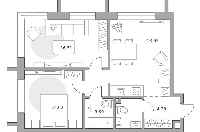 2-комнатные апартаменты 62 м2, 2-й этаж